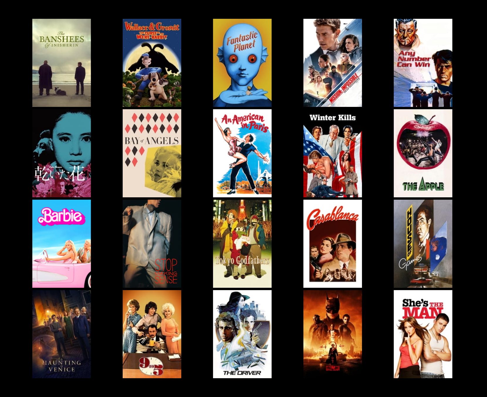 The movie posters of the movies listed below.